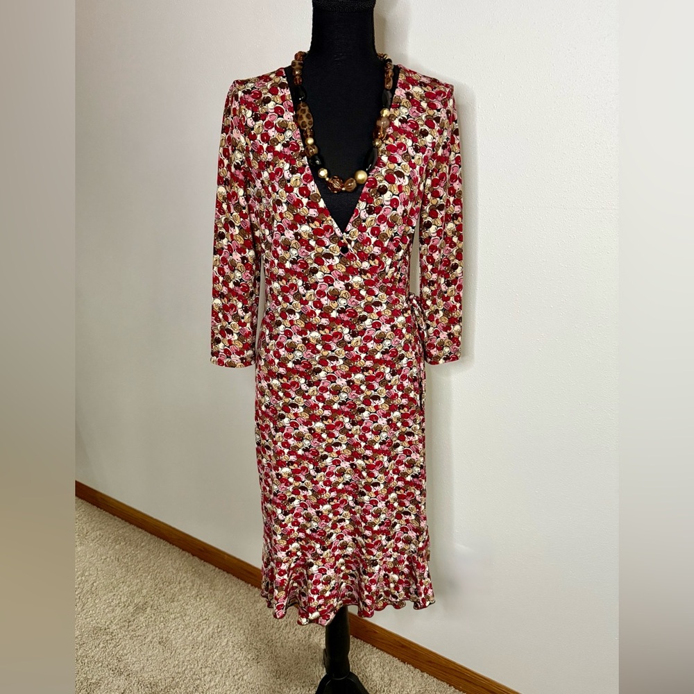 BCBGMAXAZRIA Floral Wrap Midi Dress Size S Red Pink Stretch Jersey